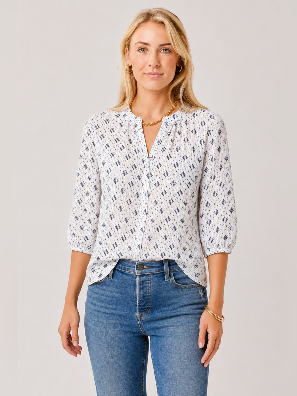 NYDJ White Button-Front Blouse with Black Cross Print
